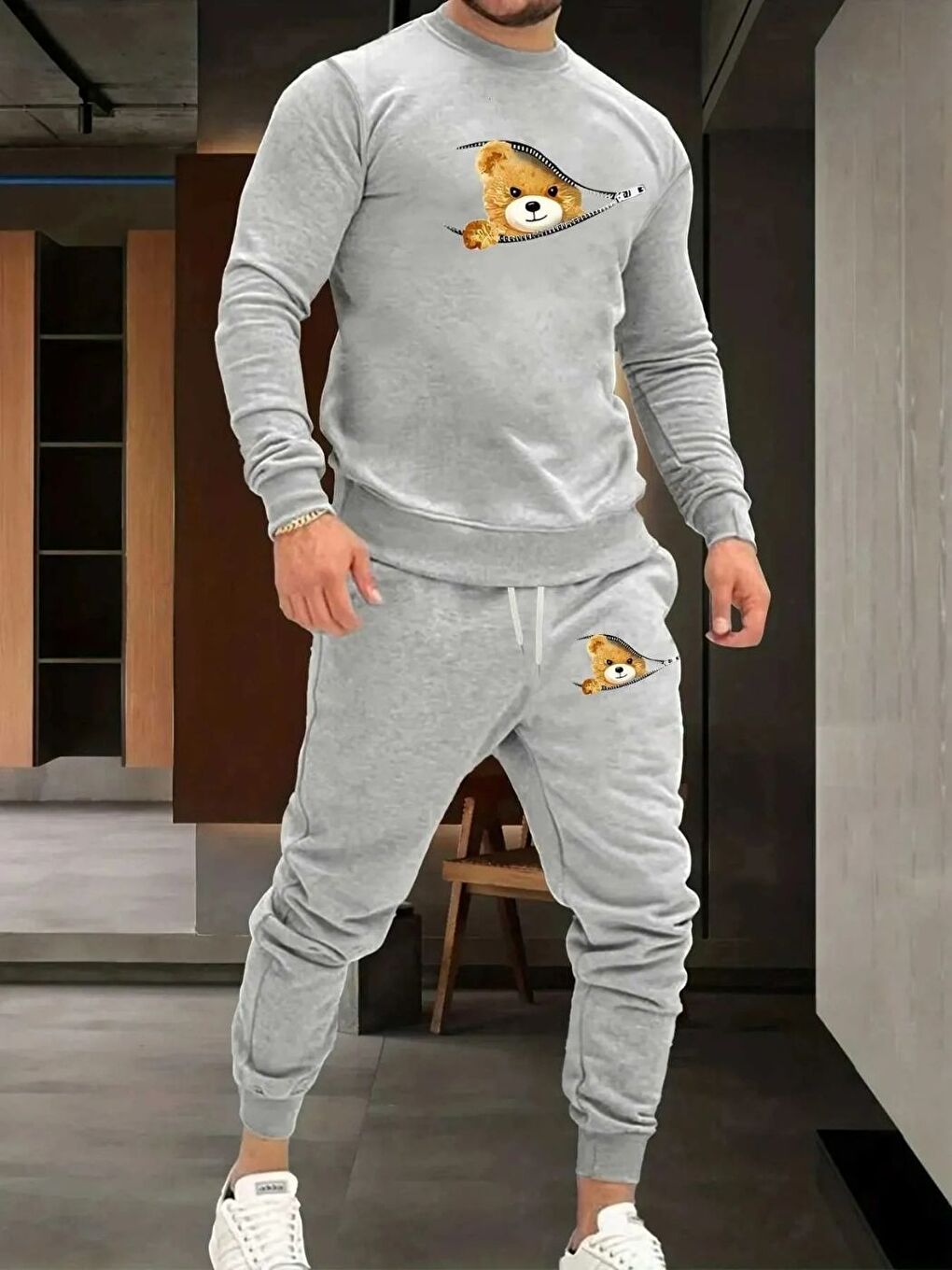 Gri Fermuarlı Ayıcık Regular Bisiklet Yaka Eşofman Takım