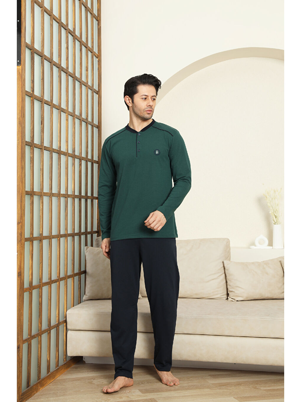 Petrol Erkek %100 Pamuklu Pijama Takımı-3 Düğmeli-12440