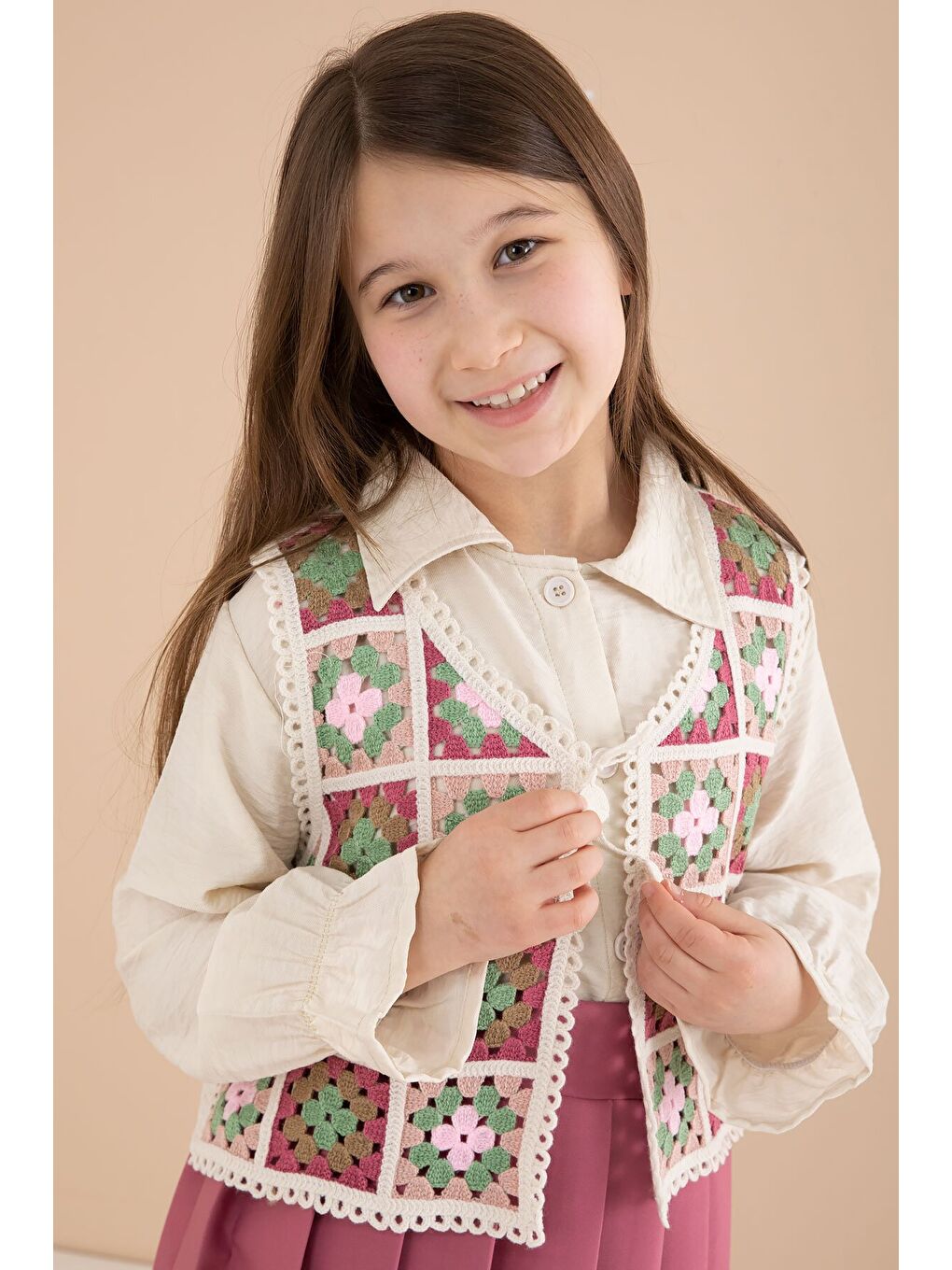 Koyu Pembe Çiçek Desen Örgü Süveterli Gömlekli Kız Çocuk Etekli 3lü Takım 23584-3