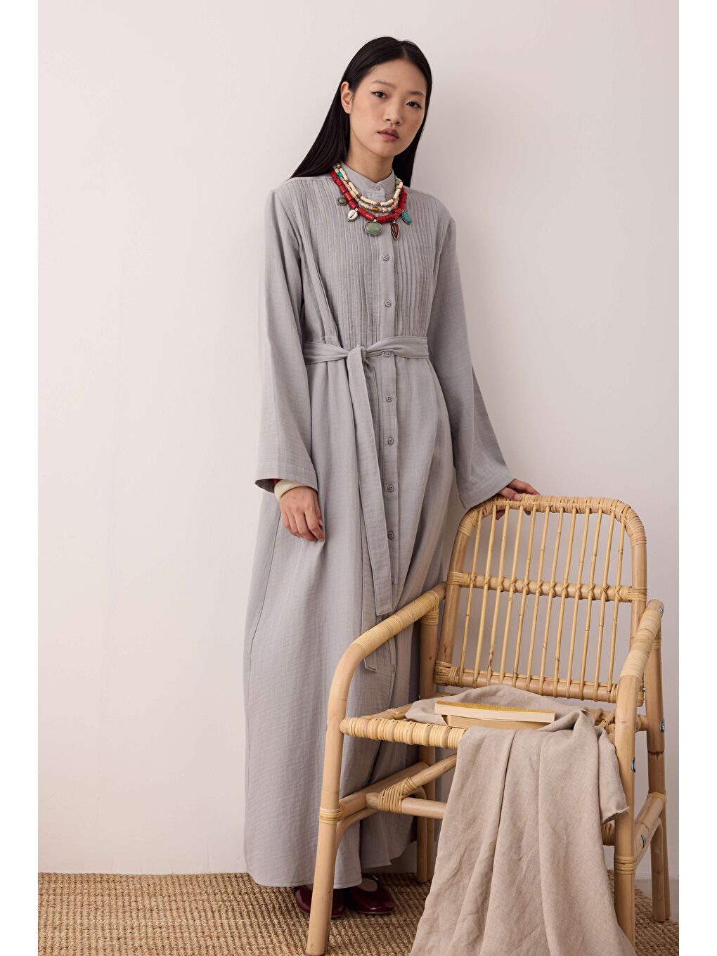Müslin Nervürlü Elbise Gri