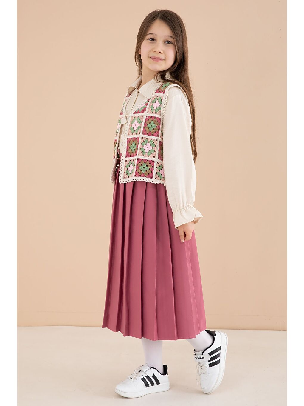 Koyu Pembe Çiçek Desen Örgü Süveterli Gömlekli Kız Çocuk Etekli 3lü Takım 23584-4