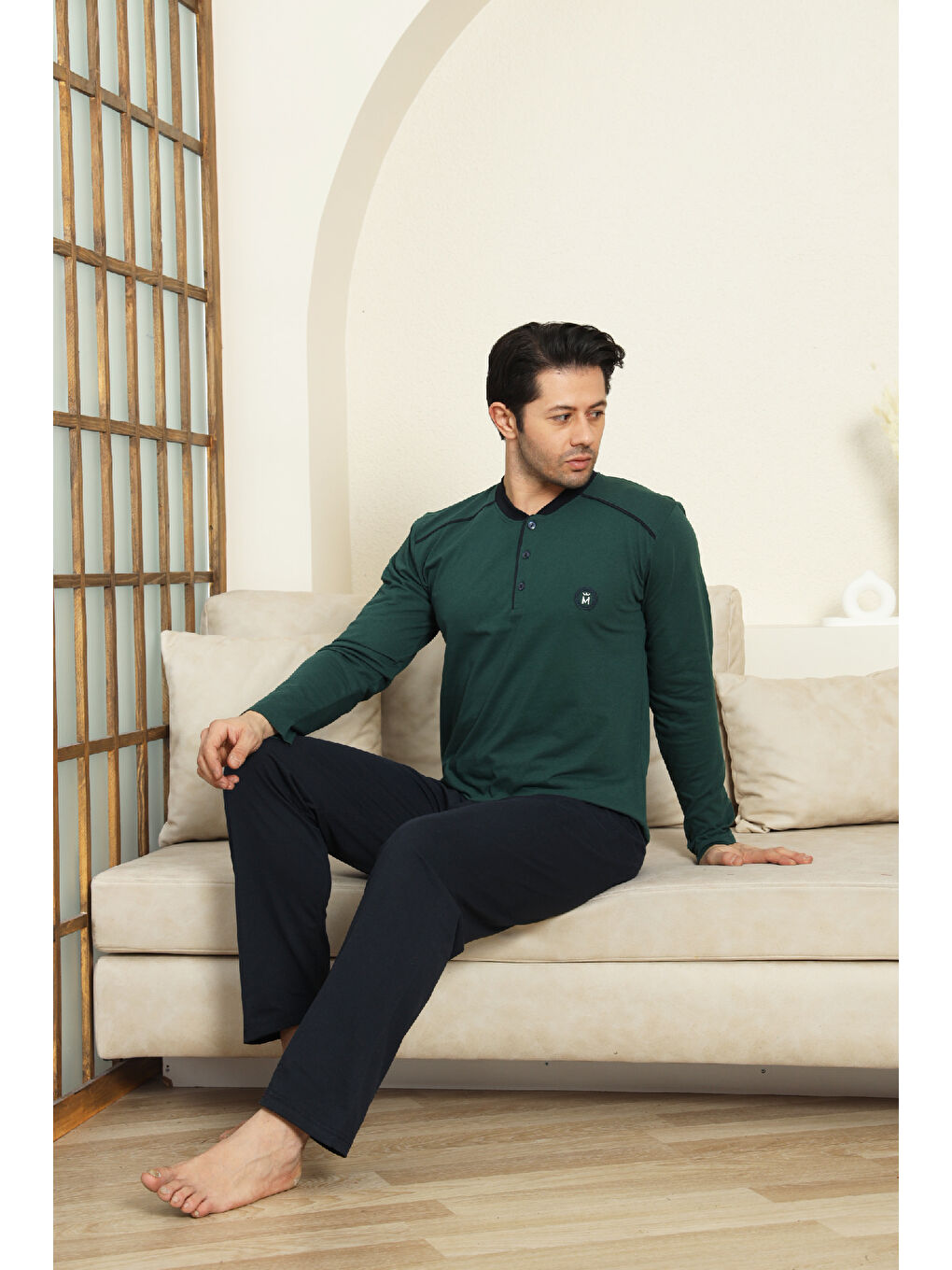 Petrol Erkek %100 Pamuklu Pijama Takımı-3 Düğmeli-12440-1