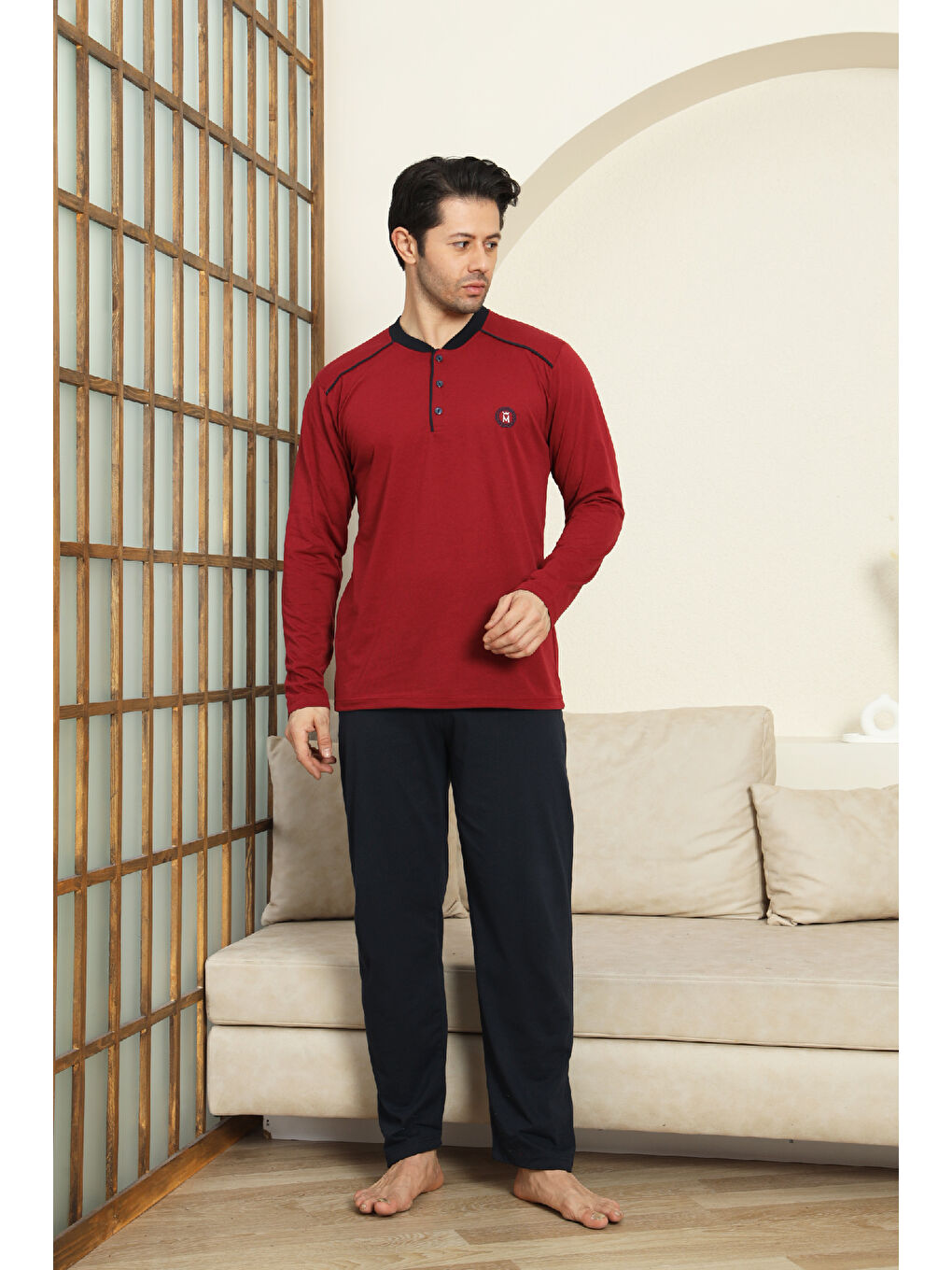 Bordo Erkek %100 Pamuklu Pijama Takımı-3 Düğmeli-12440