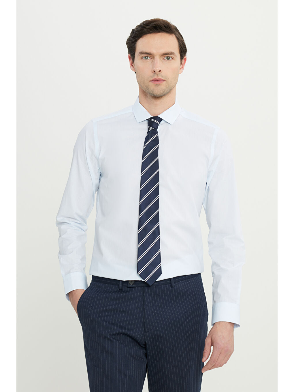 Erkek Mavi Flamlı Slim Fit Dar Kesim Düğmeli Yaka Gömlek