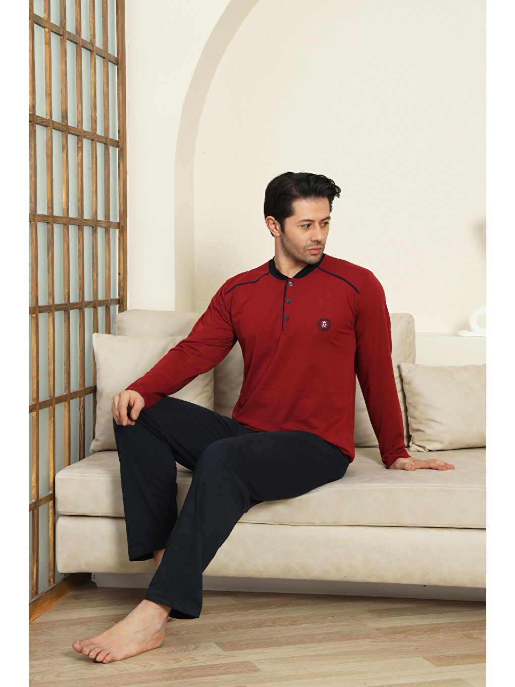 Bordo Erkek %100 Pamuklu Pijama Takımı-3 Düğmeli-12440-1