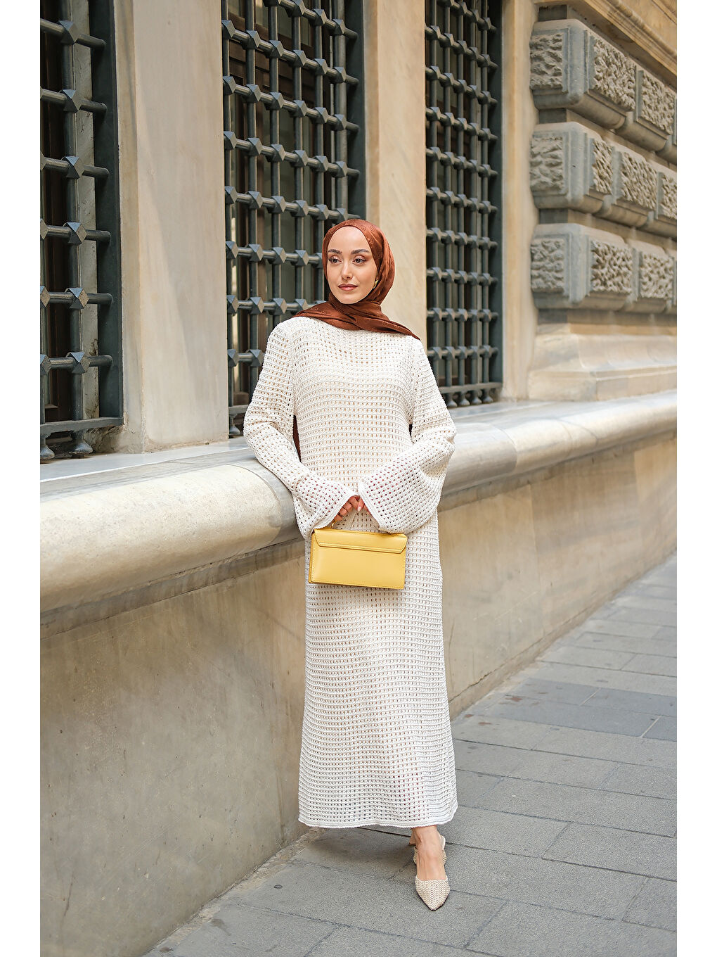 Ekru Kadın Ajur Desenli Elbise Krem-2