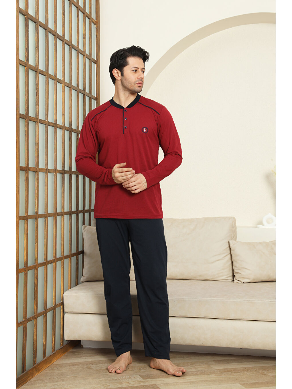 Bordo Erkek %100 Pamuklu Pijama Takımı-3 Düğmeli-12440-2