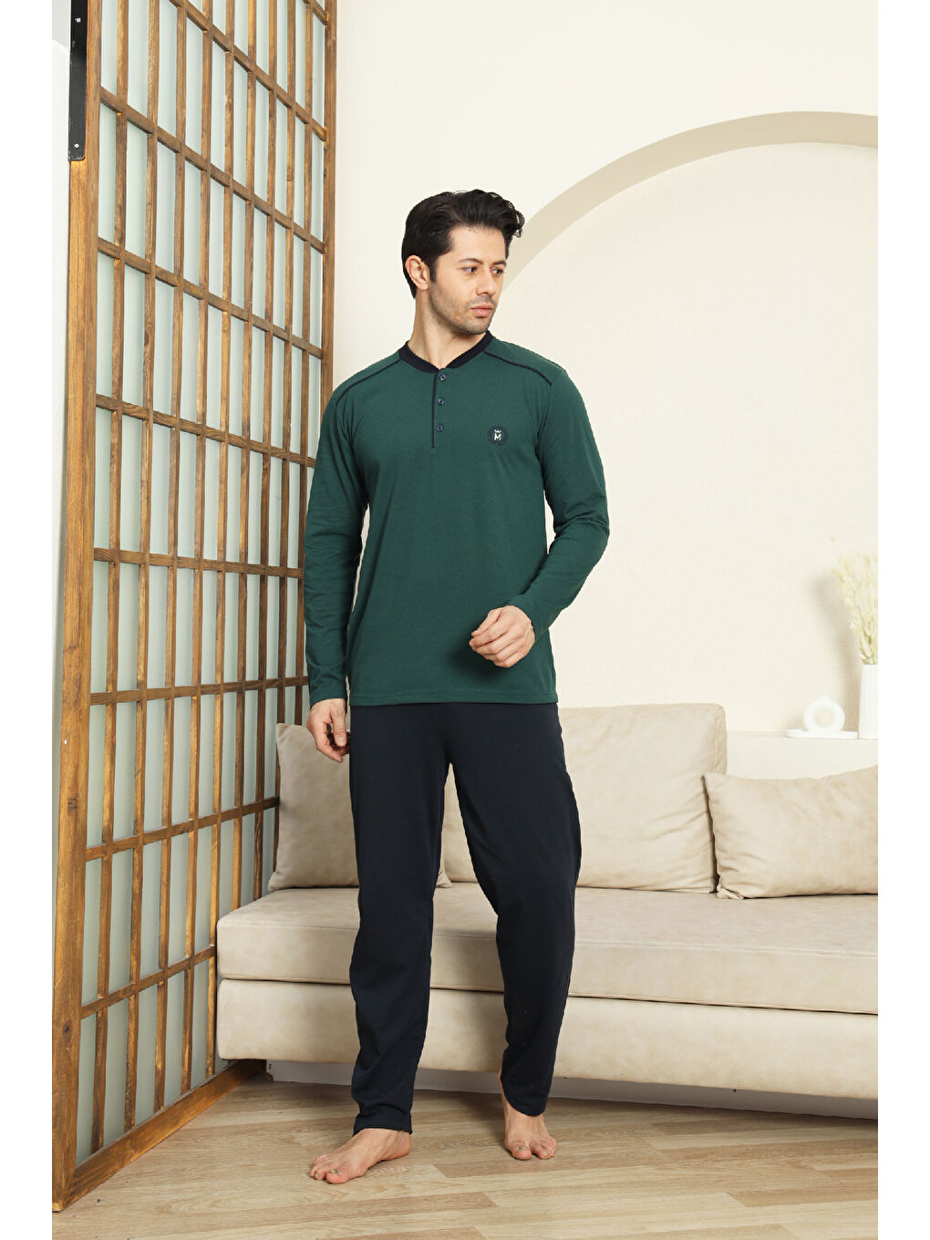 Petrol Erkek %100 Pamuklu Pijama Takımı-3 Düğmeli-12440-2