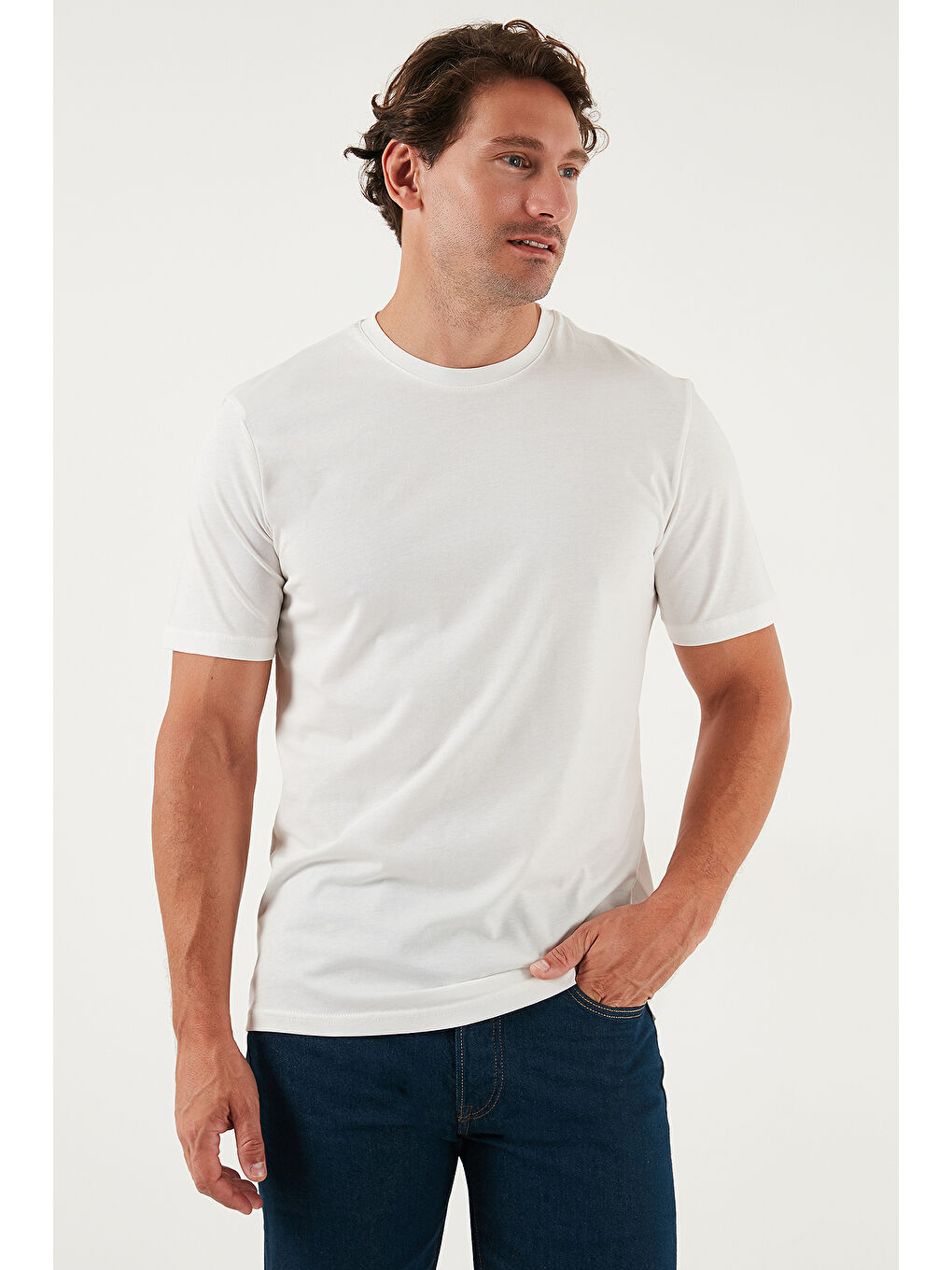 Ekru Pamuklu Regular Fit Bisiklet Yaka %100 Pamuk Tişört 59020204-2