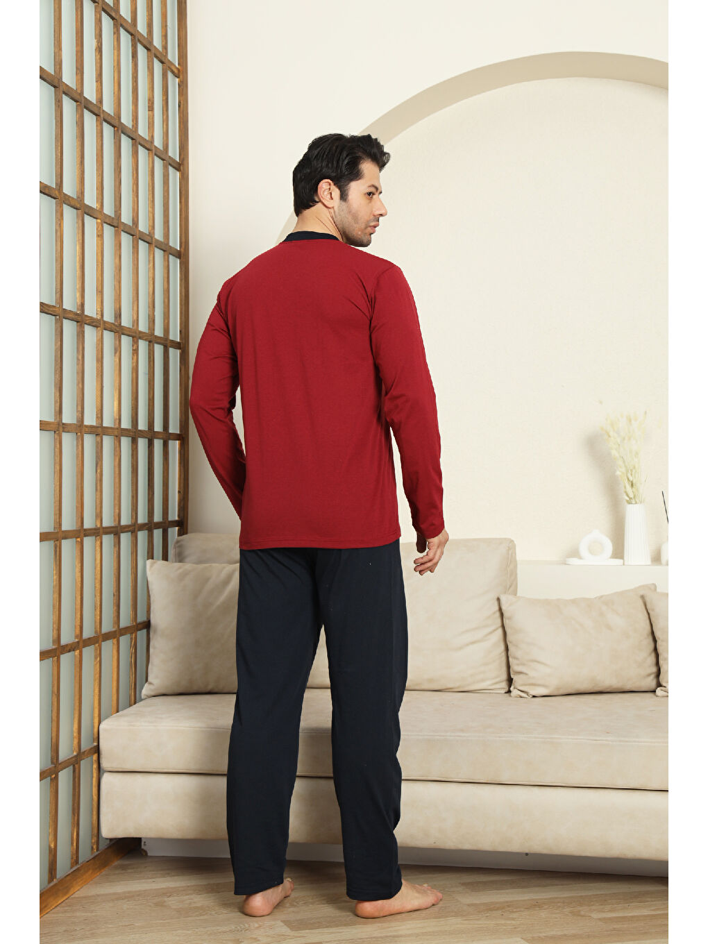 Bordo Erkek %100 Pamuklu Pijama Takımı-3 Düğmeli-12440-3