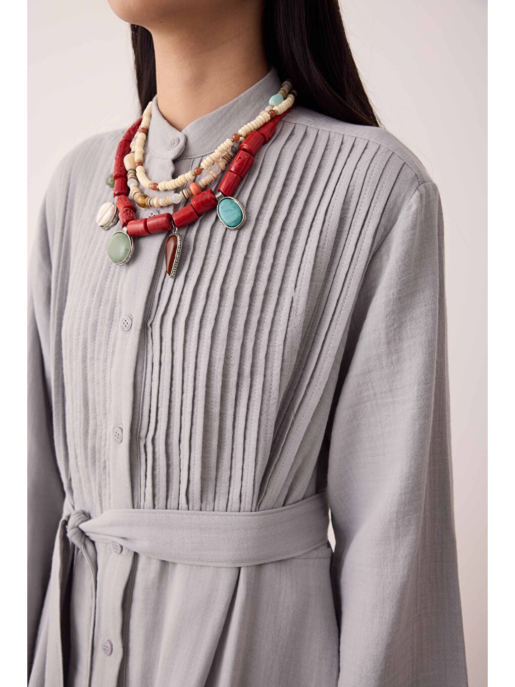 Müslin Nervürlü Elbise Gri-1