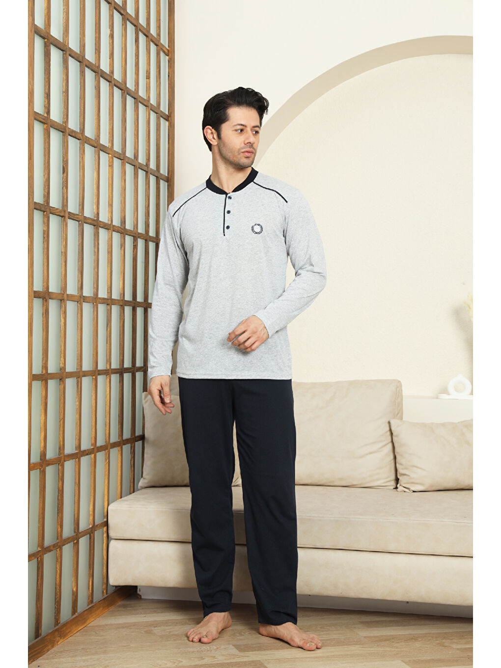 Gri Erkek %100 Pamuklu Pijama Takımı-3 Düğmeli-12440