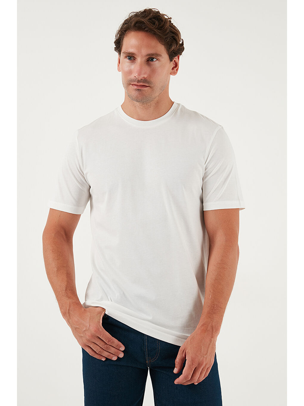 Ekru Pamuklu Regular Fit Bisiklet Yaka %100 Pamuk Tişört 59020204-3