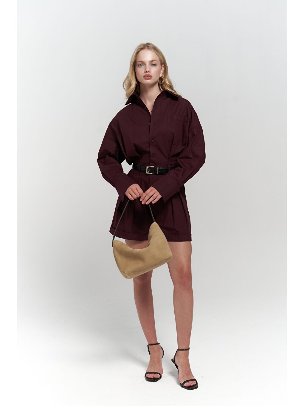 Moaen Kemer Detay Kısa Bordo Tulum-1