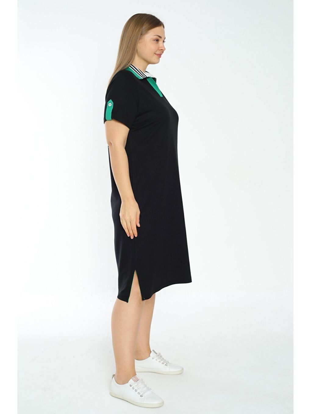 Kadın Büyük Beden Siyah V Yaka Cepli Kısa Kollu Elbise-3