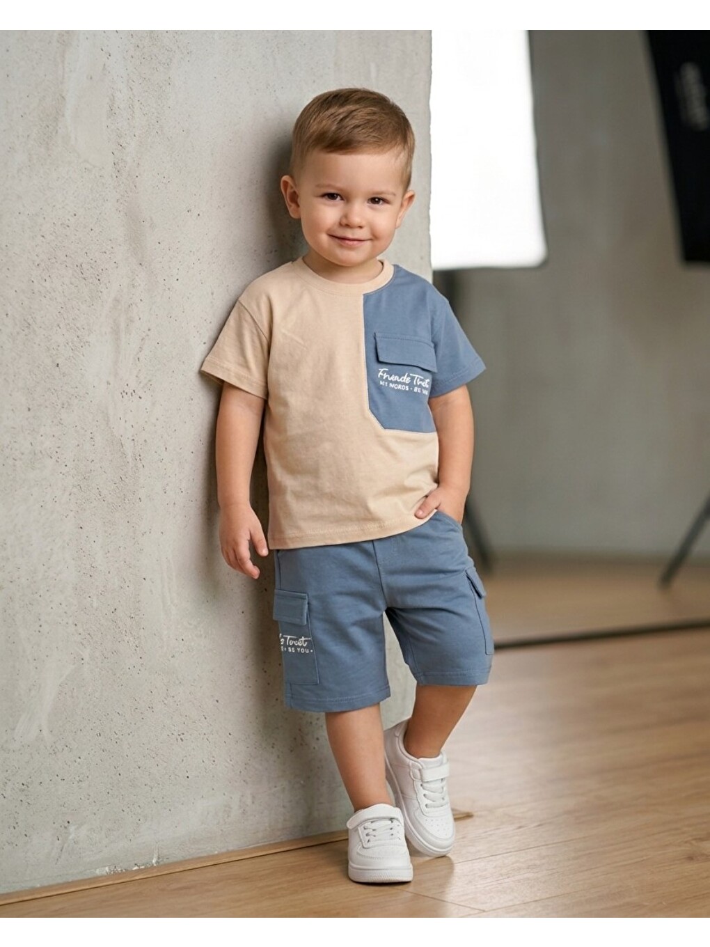 Mavi Erkek Çocuk Yazlık Cep Detaylı T-shirt Şort 2'li Alt Üst Takım-1