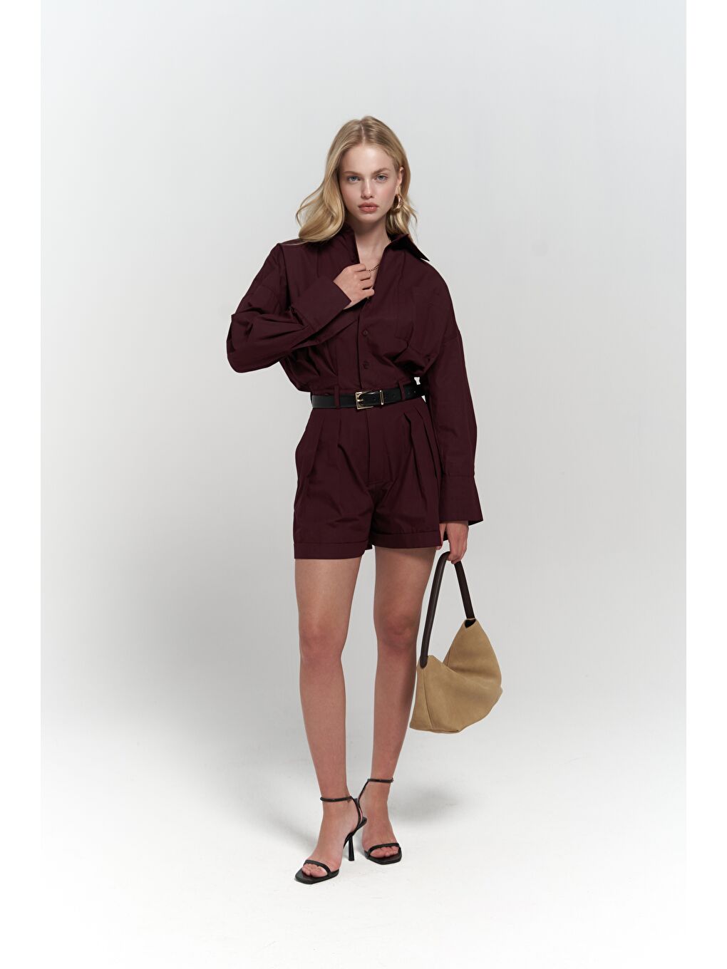 Moaen Kemer Detay Kısa Bordo Tulum-2