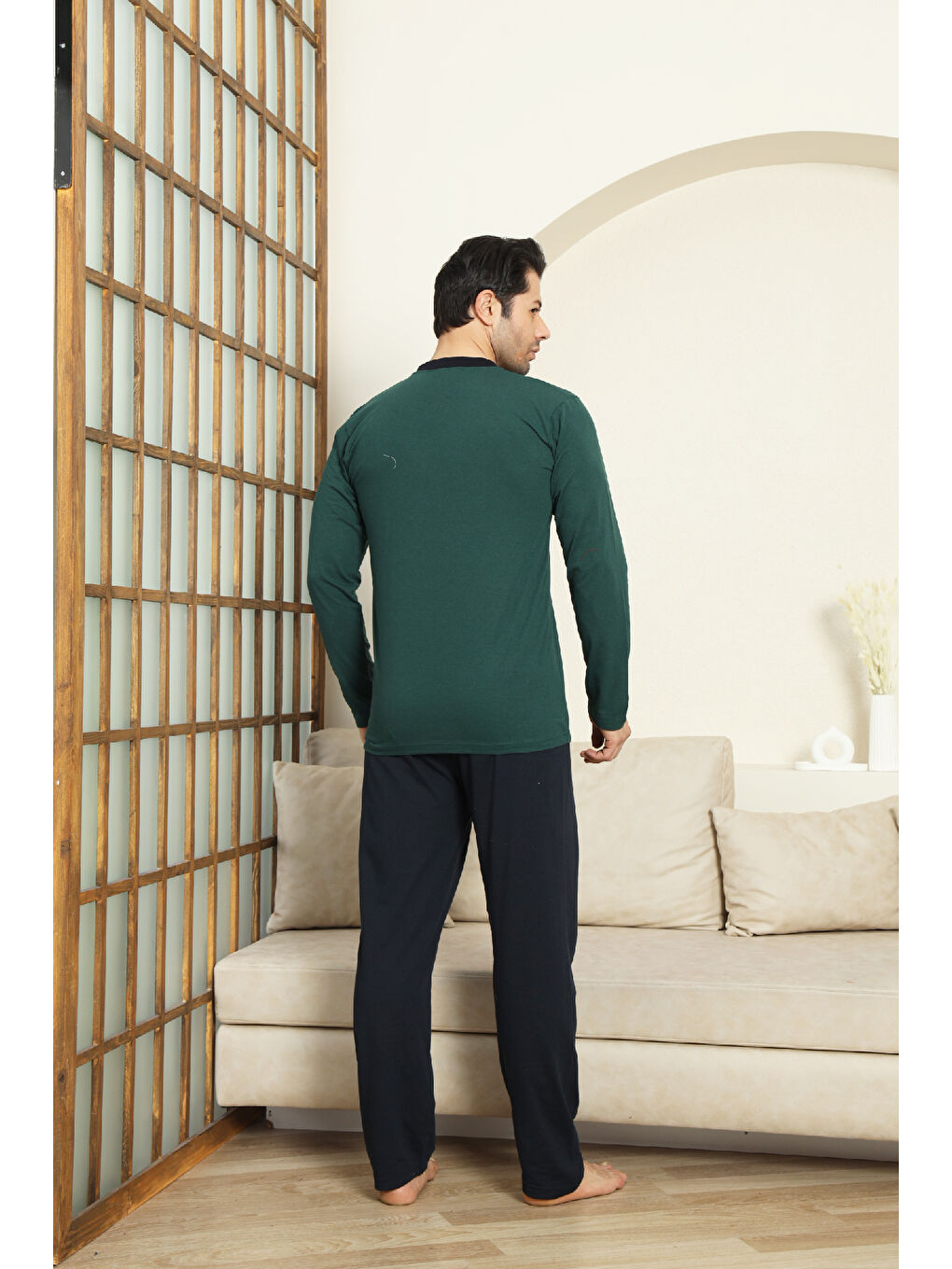 Petrol Erkek %100 Pamuklu Pijama Takımı-3 Düğmeli-12440-3