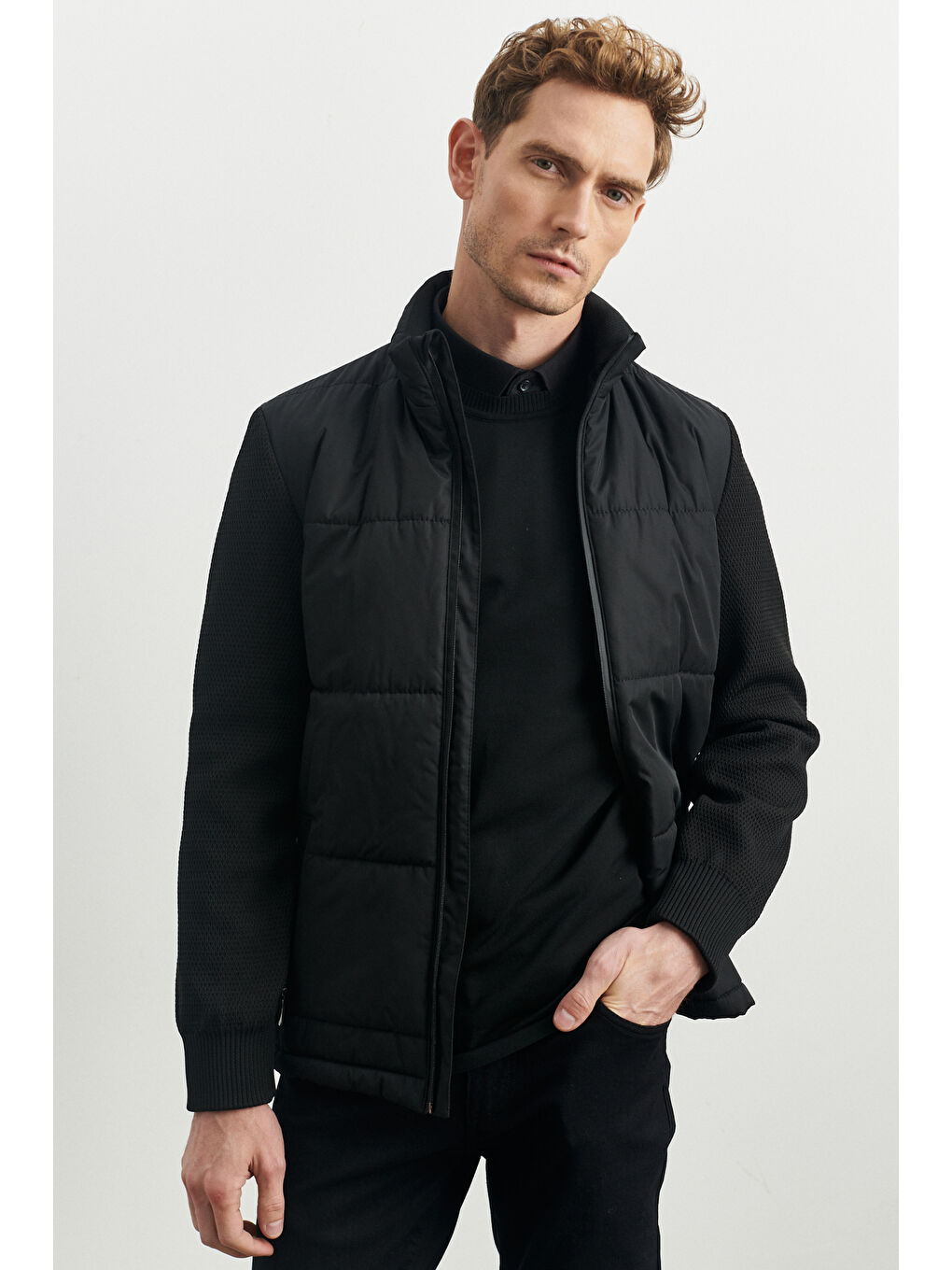 Erkek Siyah Standart Fit Dik Yaka Desenli Casual Kaban