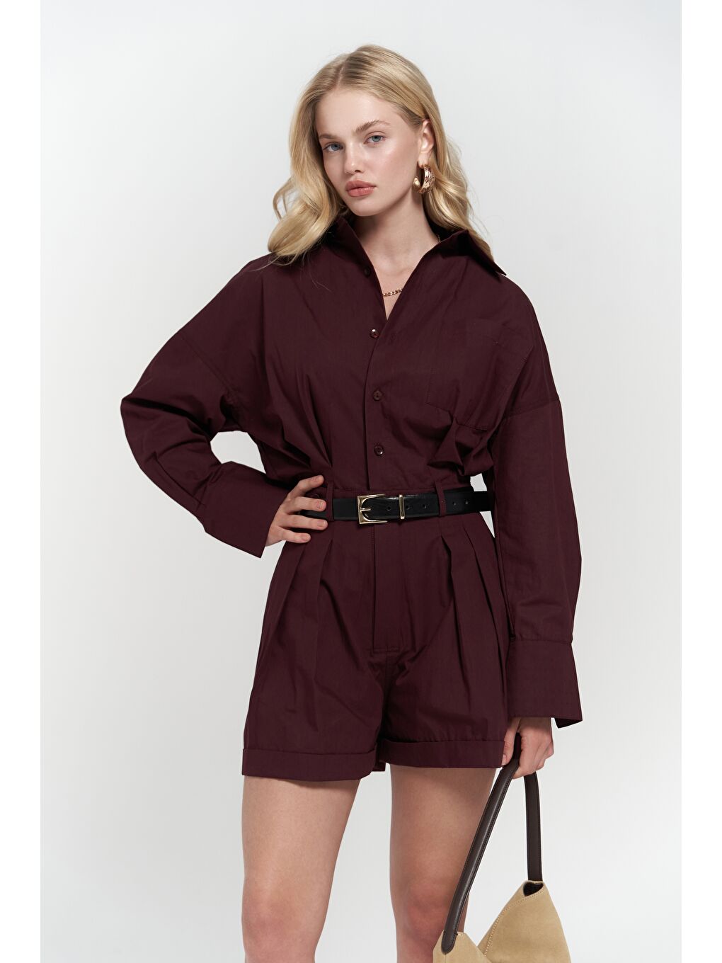 Moaen Kemer Detay Kısa Bordo Tulum-3