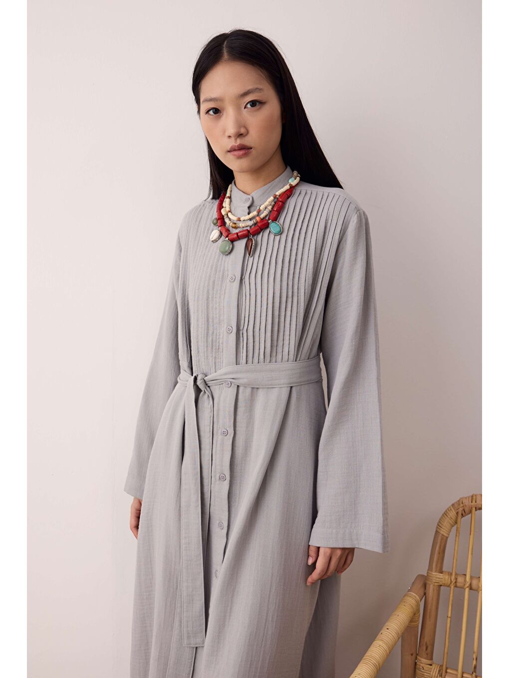 Müslin Nervürlü Elbise Gri-2