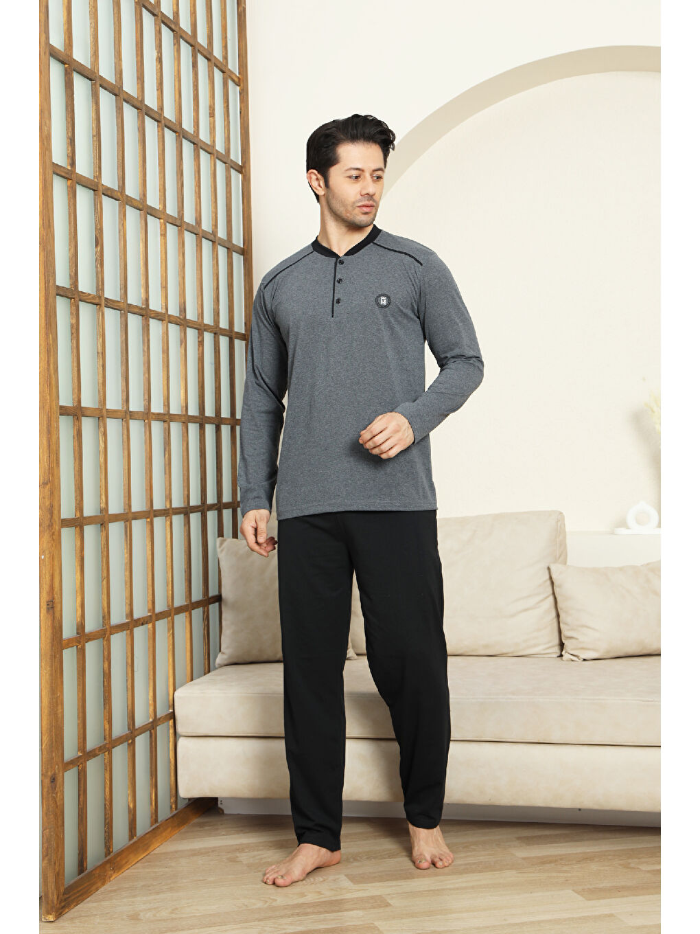 Gri Erkek %100 Pamuklu Pijama Takımı-3 Düğmeli-12440