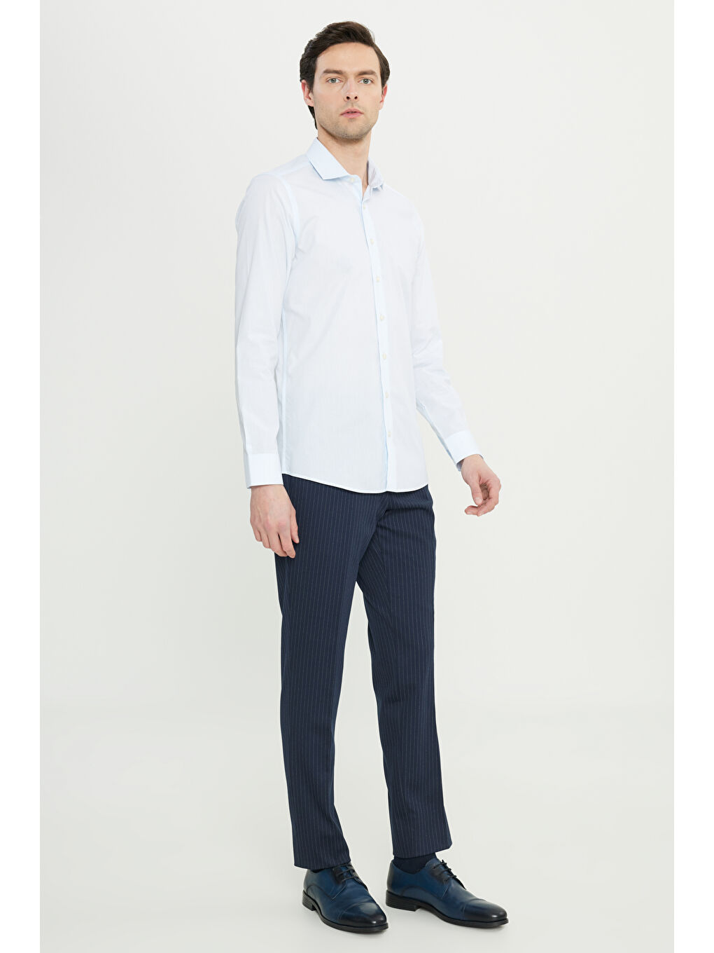 Erkek Mavi Flamlı Slim Fit Dar Kesim Düğmeli Yaka Gömlek-1