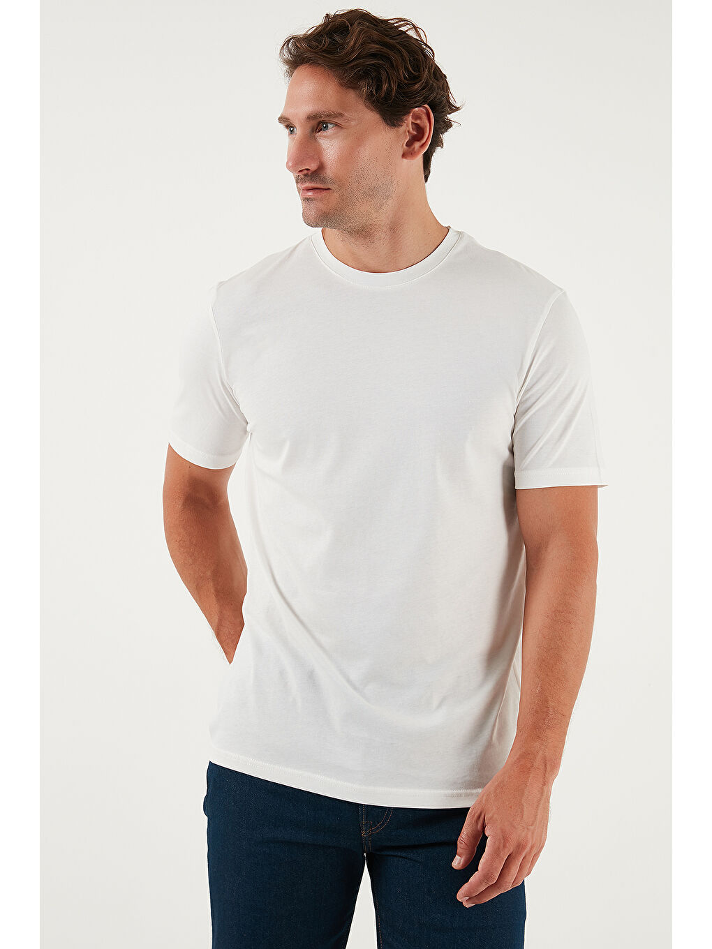 Ekru Pamuklu Regular Fit Bisiklet Yaka %100 Pamuk Tişört 59020204-4