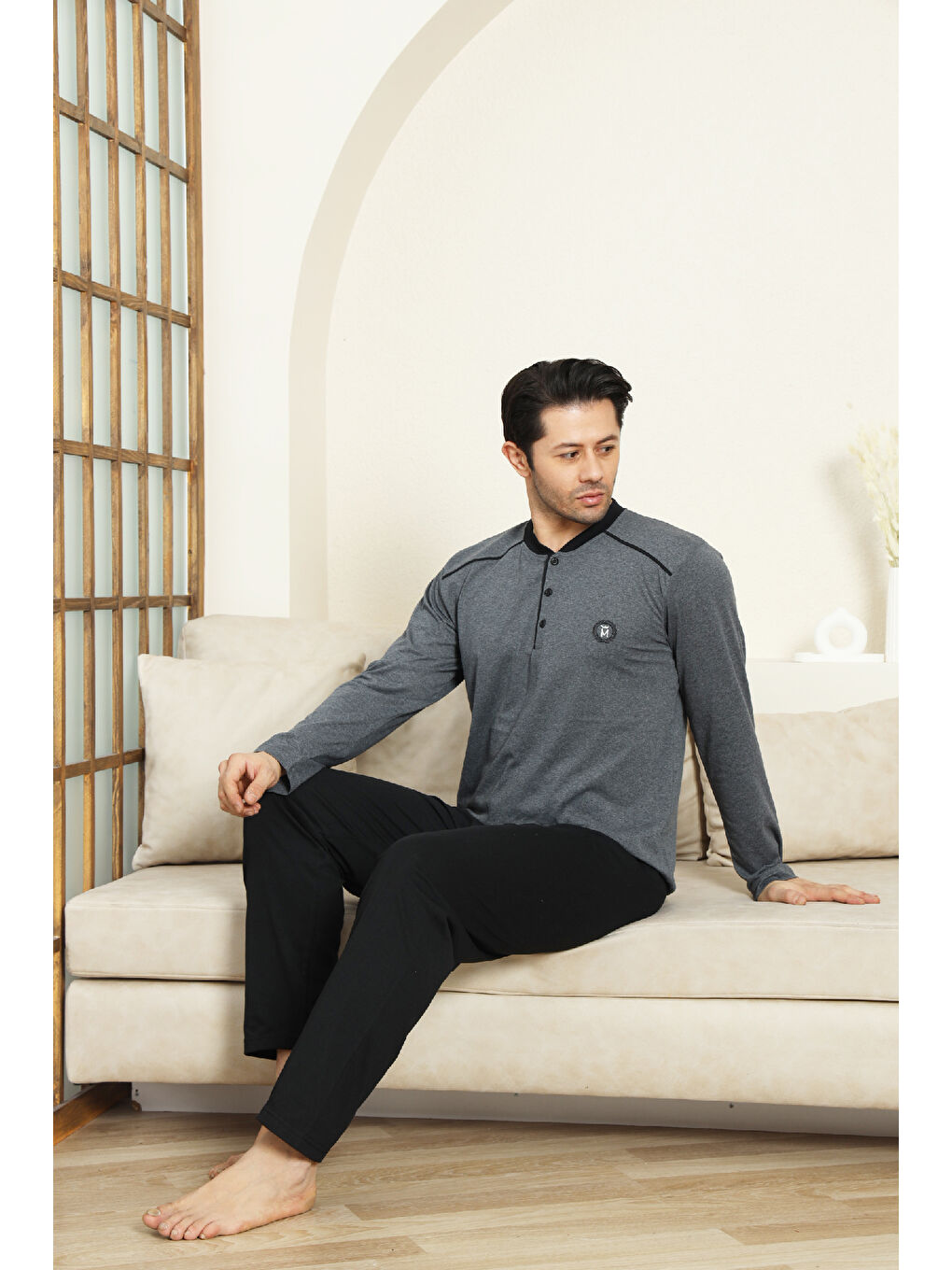 Gri Erkek %100 Pamuklu Pijama Takımı-3 Düğmeli-12440-1