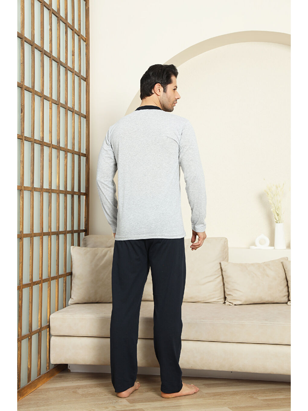 Gri Erkek %100 Pamuklu Pijama Takımı-3 Düğmeli-12440-3