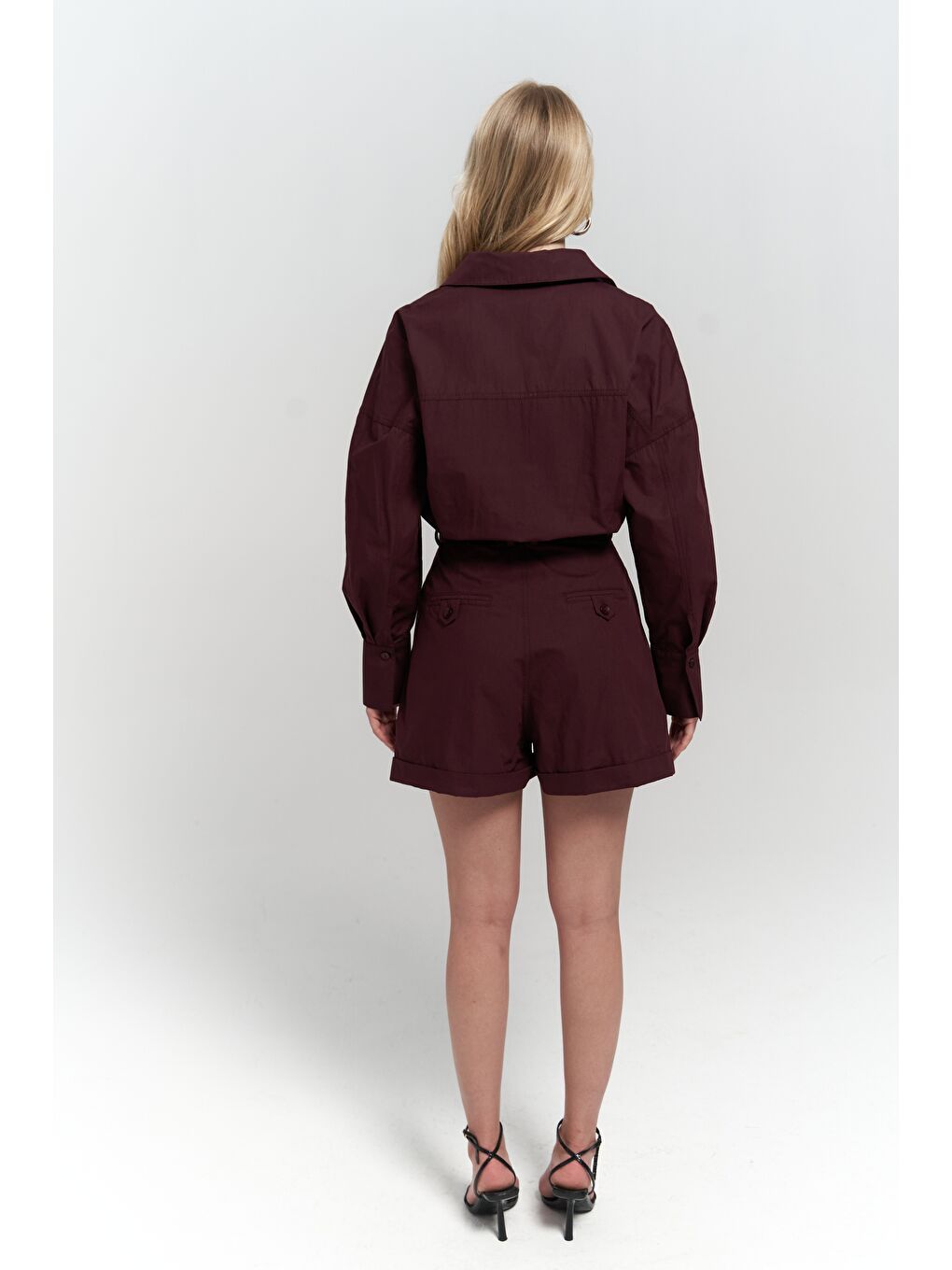 Moaen Kemer Detay Kısa Bordo Tulum-4