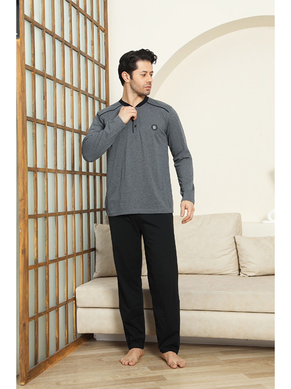 Gri Erkek %100 Pamuklu Pijama Takımı-3 Düğmeli-12440-2