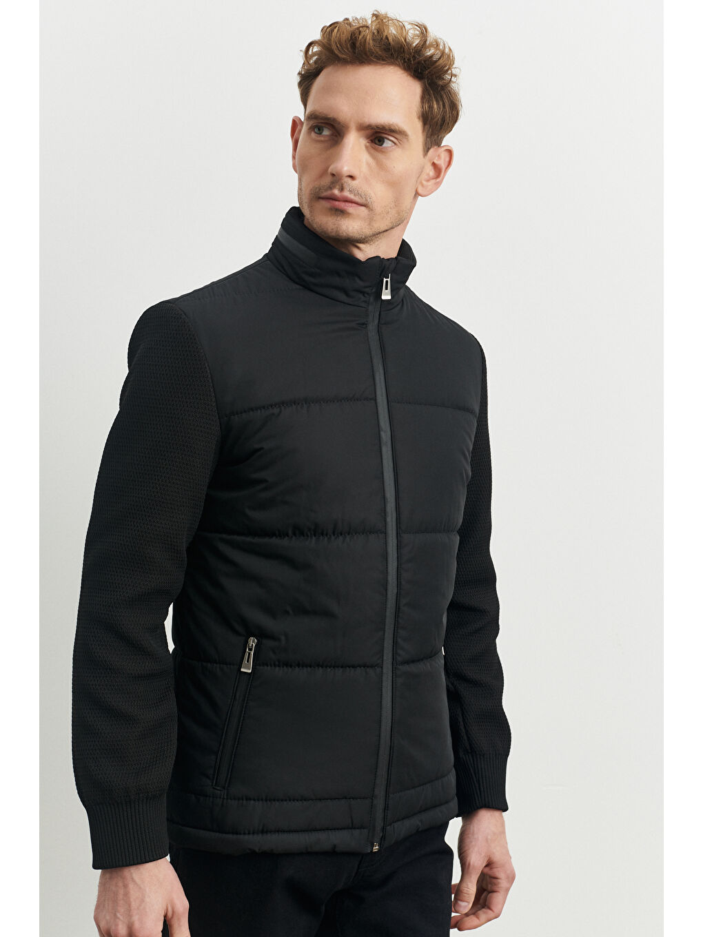 Erkek Siyah Standart Fit Dik Yaka Desenli Casual Kaban-2