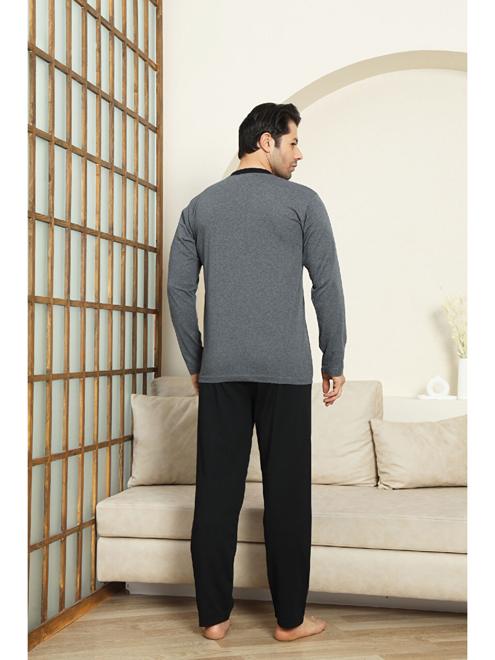 Gri Erkek %100 Pamuklu Pijama Takımı-3 Düğmeli-12440-3