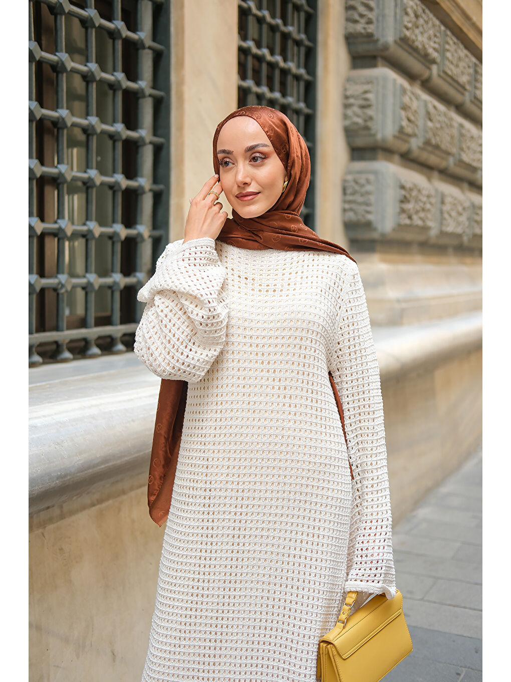 Ekru Kadın Ajur Desenli Elbise Krem-3