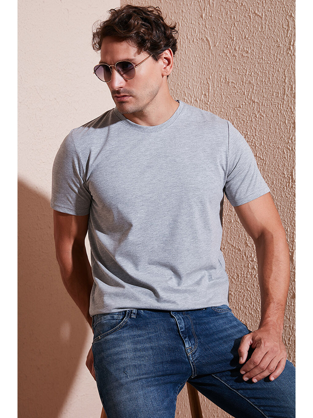 Gri Pamuklu Regular Fit Bisiklet Yaka %100 Pamuk Tişört 59020204