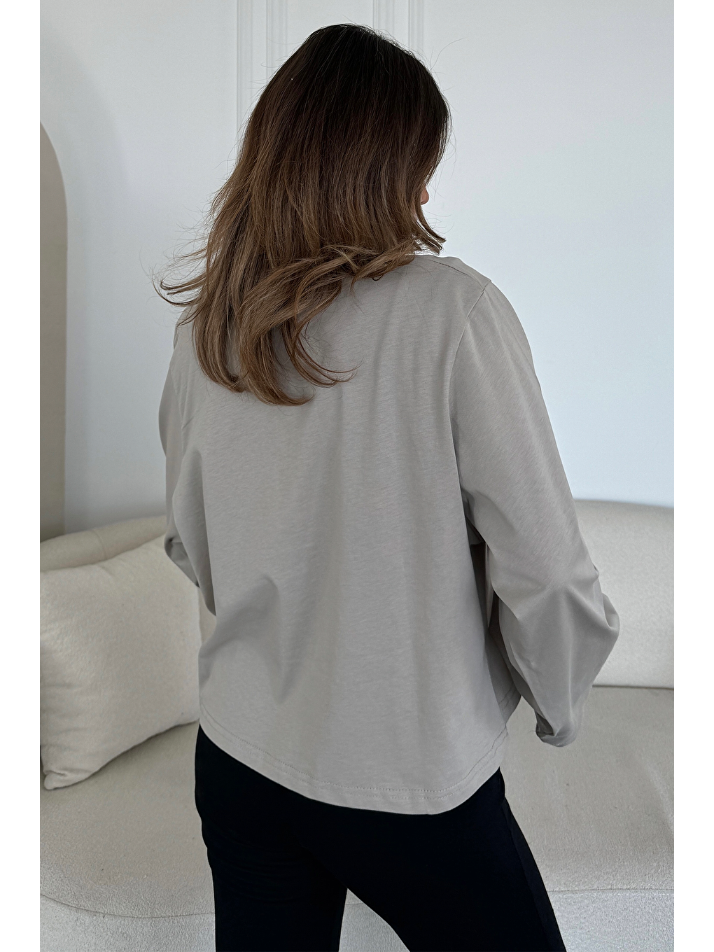 Geniş Kol Oversize 2'Li Paket T-Shirt 965 Gri/Bej-5