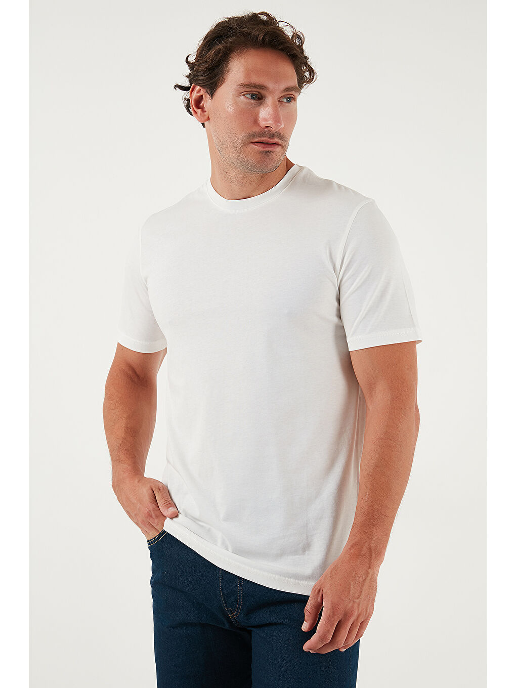 Ekru Pamuklu Regular Fit Bisiklet Yaka %100 Pamuk Tişört 59020204-5