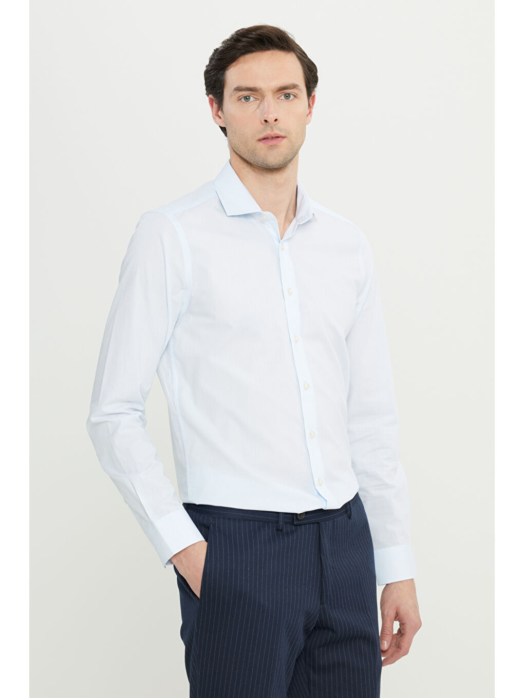 Erkek Mavi Flamlı Slim Fit Dar Kesim Düğmeli Yaka Gömlek-2