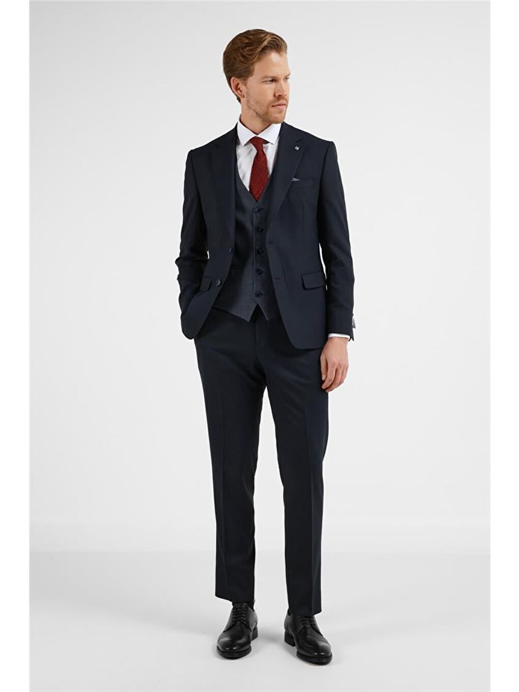 Lacivert Mono Yaka Kazayağı Desen Yelekli 6 Drop Slim Fit Takım Elbise 1001255175