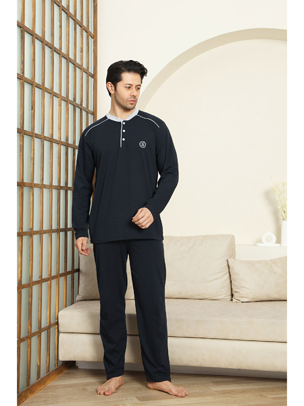 Lacivert Erkek %100 Pamuklu Pijama Takımı-3 Düğmeli-12440