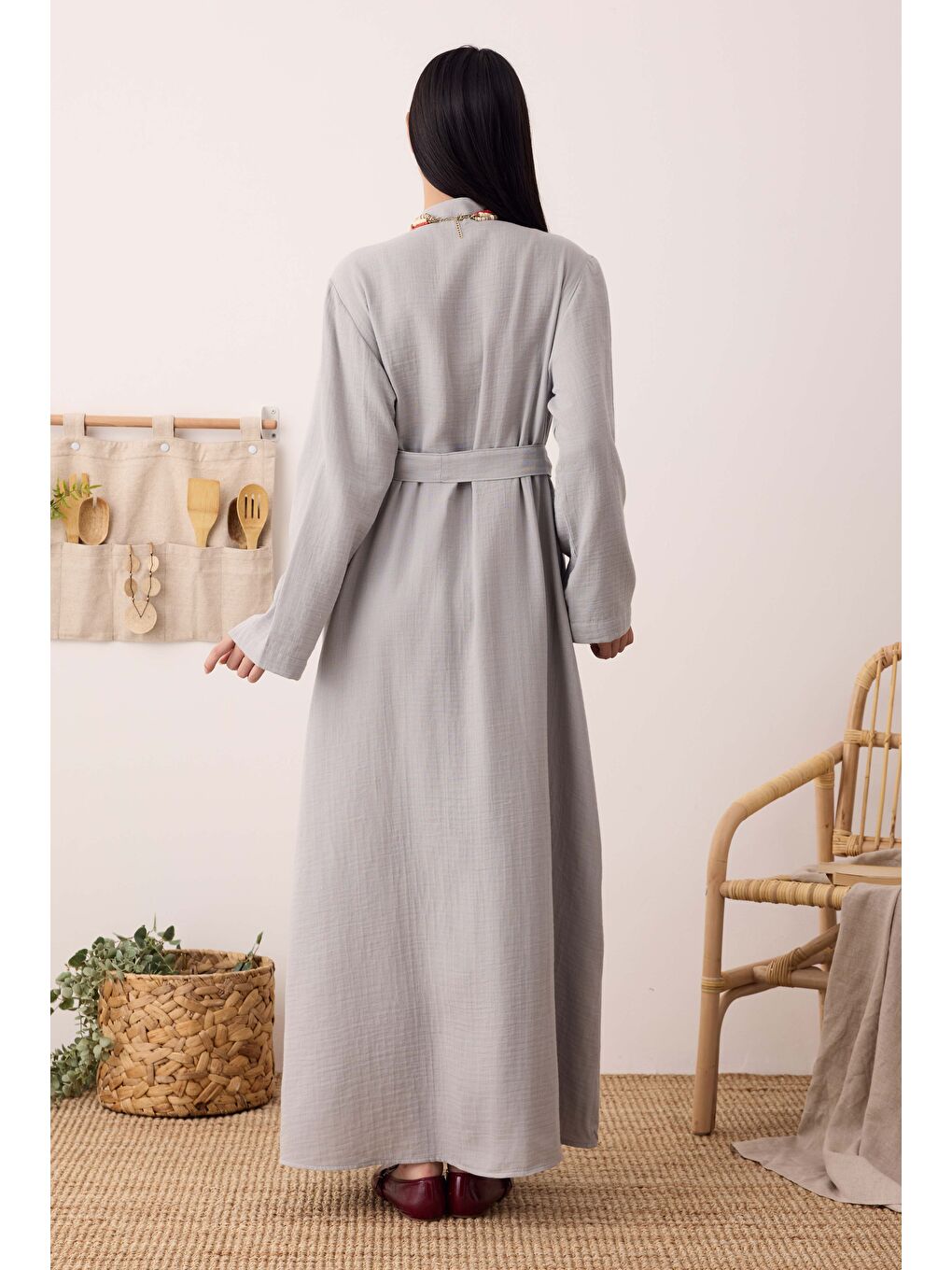 Müslin Nervürlü Elbise Gri-3