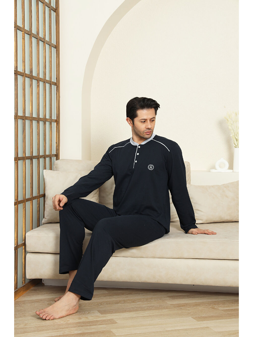 Lacivert Erkek %100 Pamuklu Pijama Takımı-3 Düğmeli-12440-1