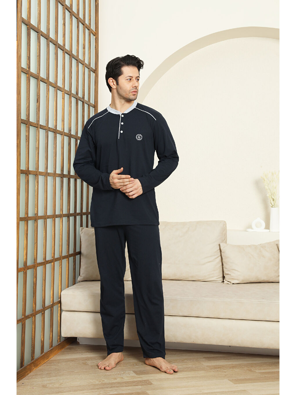 Lacivert Erkek %100 Pamuklu Pijama Takımı-3 Düğmeli-12440-2