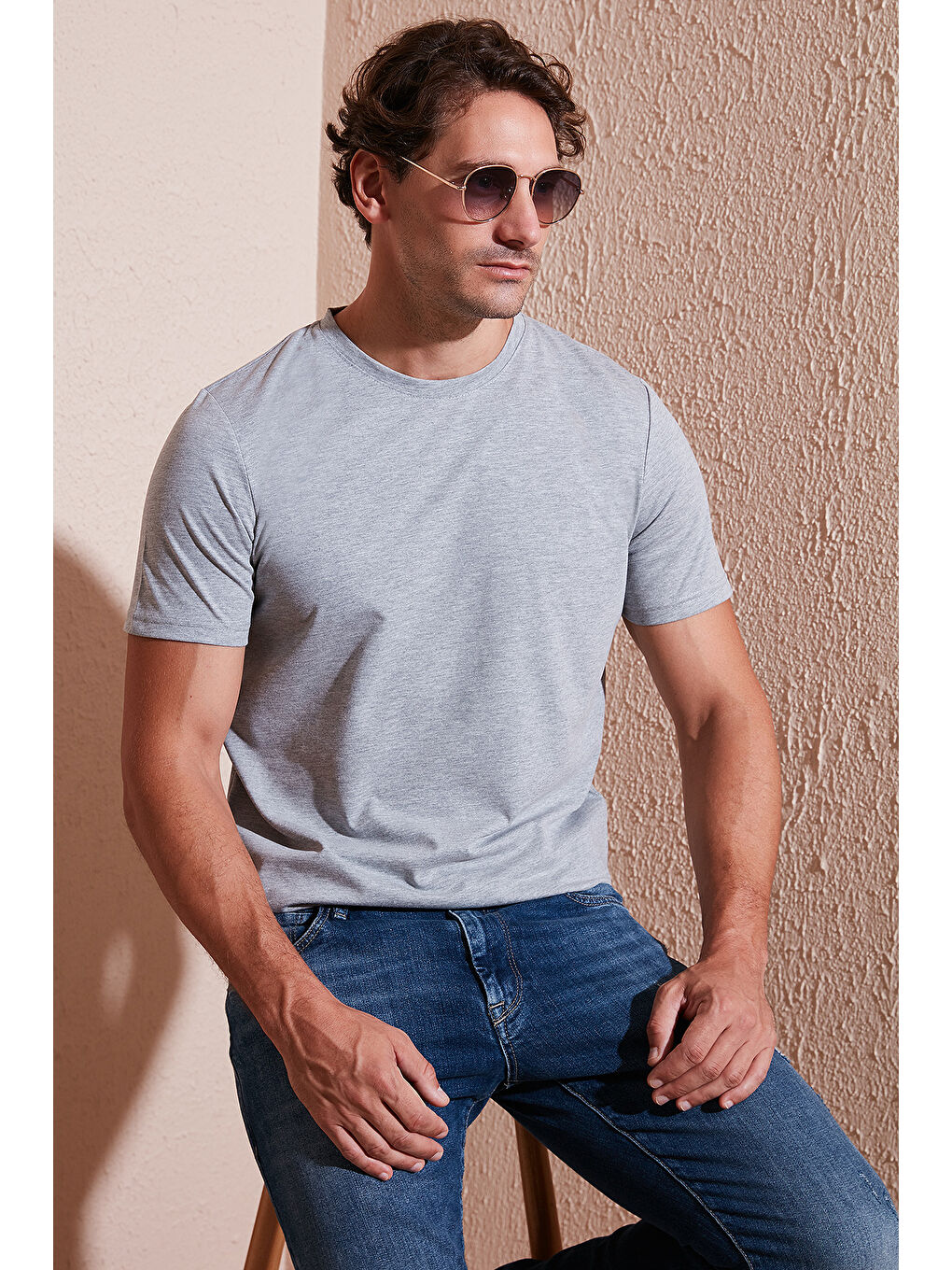 Gri Pamuklu Regular Fit Bisiklet Yaka %100 Pamuk Tişört 59020204-1