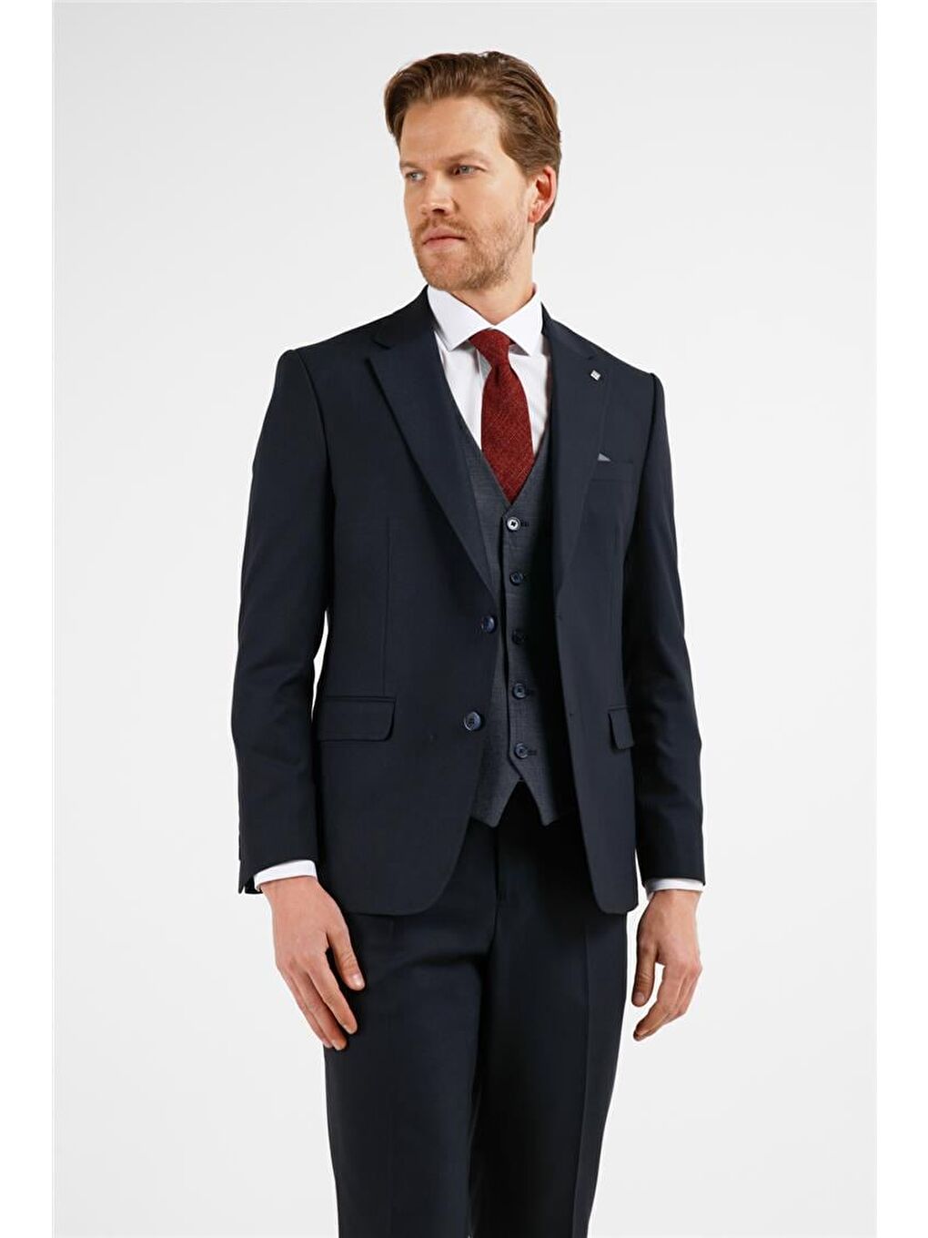 Lacivert Mono Yaka Kazayağı Desen Yelekli 6 Drop Slim Fit Takım Elbise 1001255175-1