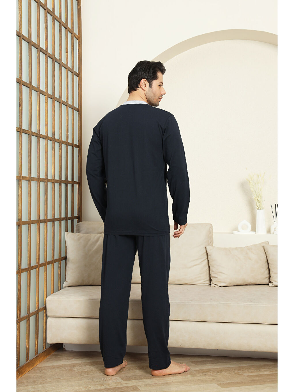 Lacivert Erkek %100 Pamuklu Pijama Takımı-3 Düğmeli-12440-3