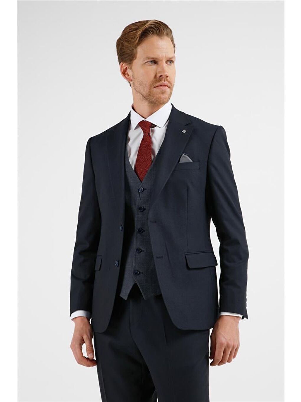 Lacivert Mono Yaka Kazayağı Desen Yelekli 6 Drop Slim Fit Takım Elbise 1001255175-2