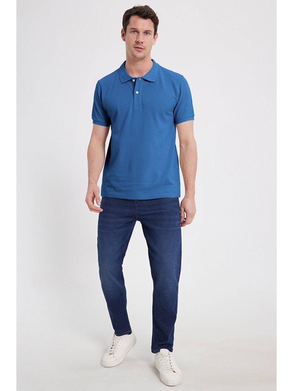Erkek Slim Fit Dar Kesim %100 Pamuk Kısa Kollu Polo Yaka Mavi Tişört-1
