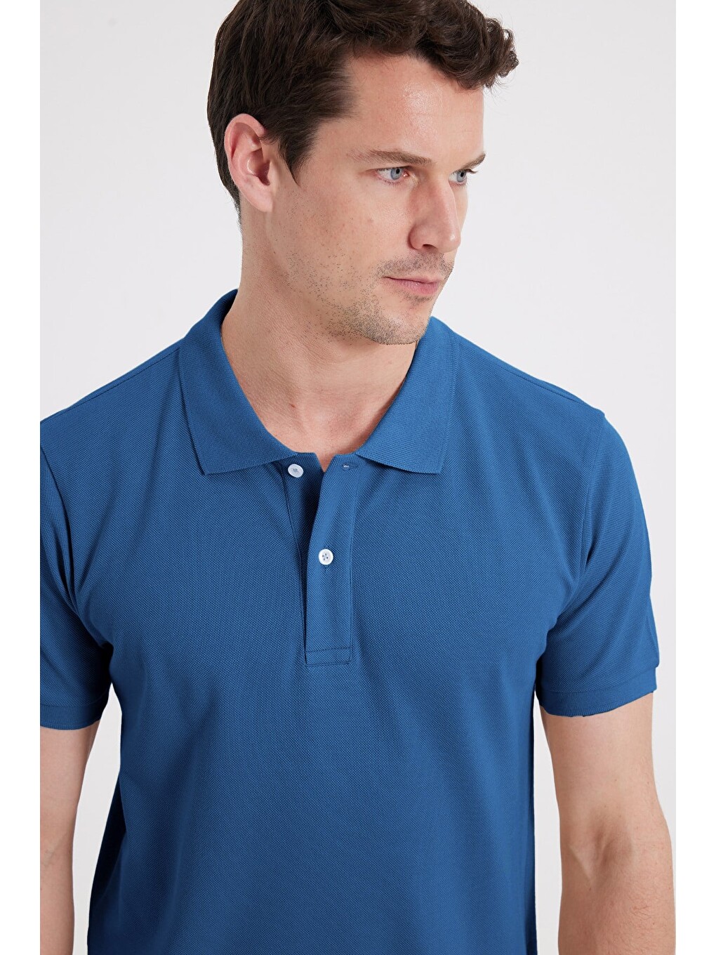 Erkek Slim Fit Dar Kesim %100 Pamuk Kısa Kollu Polo Yaka Mavi Tişört-2